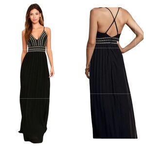 NWT LULU’S GLAMOROUS GALA BLACK MAXI / GOWN EMBROIDERED & BEADED SZ XS